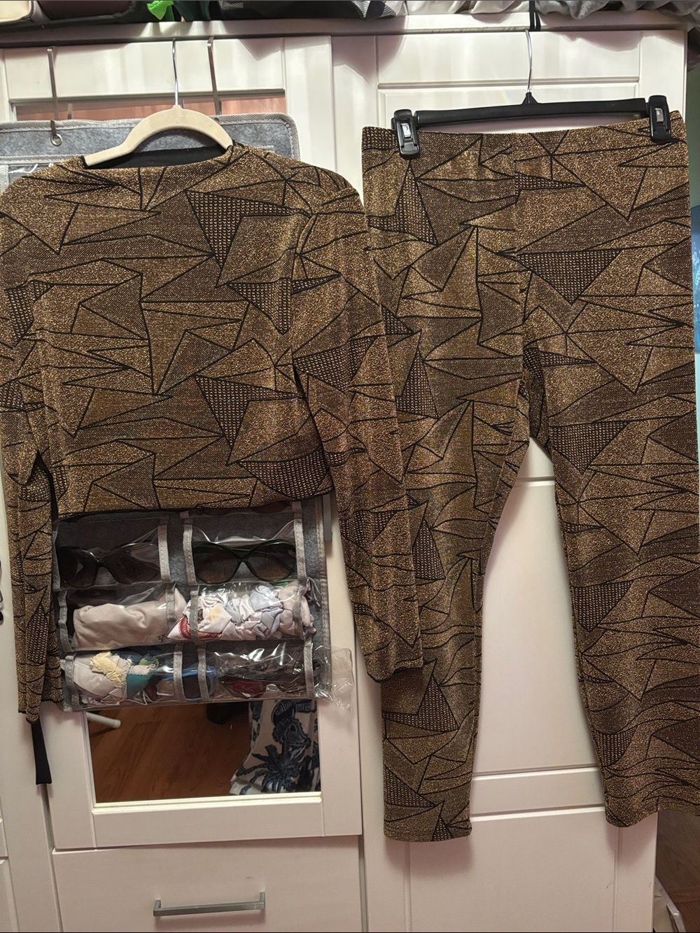 Women's Metallic Geometric Knit Pants & Top Set - Gold